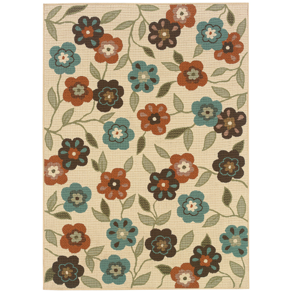 Oriental Weavers Montego 2267Y Ivory/Brown Rectangle Indoor / Outdoor Area Rug - Stylish Stain Resistant Machine Made Patio Rug with Floral Pattern