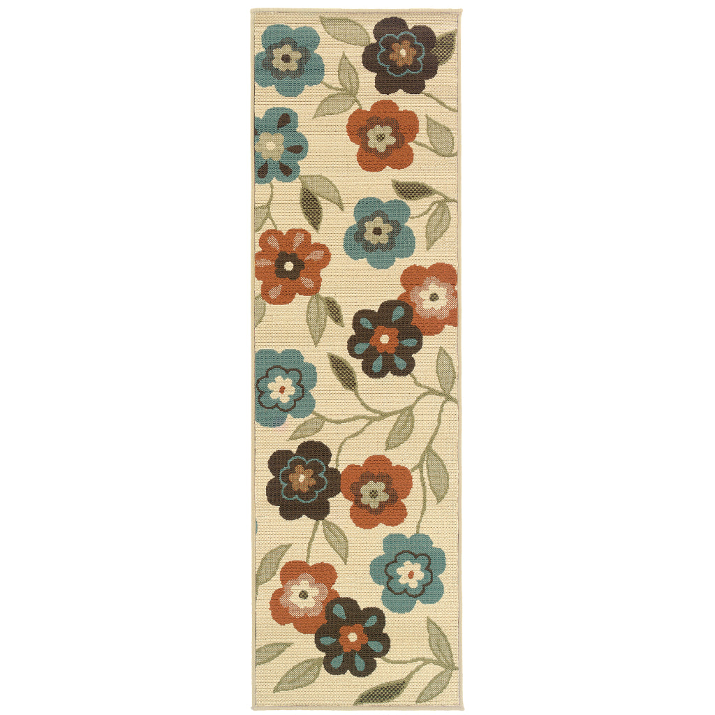 Oriental Weavers Montego 2267Y Ivory/Brown Rectangle Indoor / Outdoor Runner - Stylish Stain Resistant Machine Made Entryway &amp; Hallway Runner with Floral Pattern