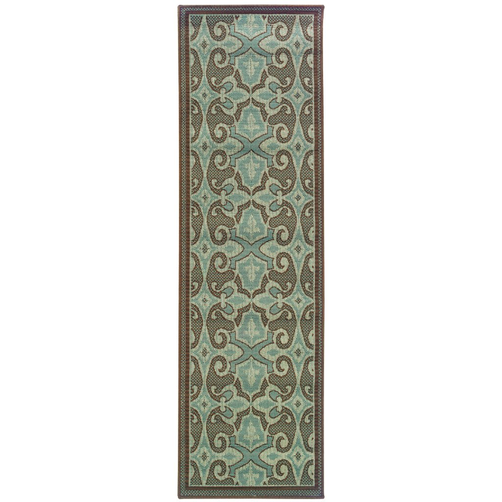 Oriental Weavers Montego 2335L Blue/Brown Rectangle Indoor / Outdoor Runner - Stylish Stain Resistant Machine Made Entryway & Hallway Runner with Oriental Pattern-