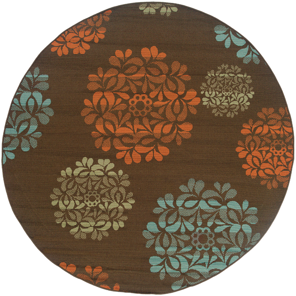 Oriental Weavers Montego 2635N Brown/Blue Round Indoor / Outdoor Area Rug - Stylish Stain Resistant Machine Made Rug for Dining &amp; Living Spaces