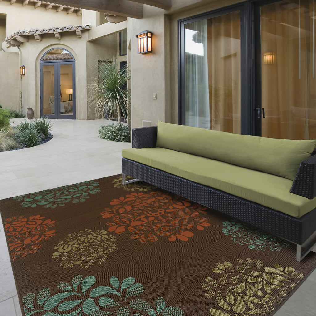 Oriental Weavers Montego 2635N Brown/Blue Rectangle Indoor / Outdoor Area Rug - Stylish Stain Resistant Machine Made Patio Rug with Floral Pattern