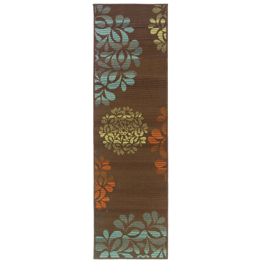 Oriental Weavers Montego 2635N Brown/Blue Rectangle Indoor / Outdoor Runner - Stylish Stain Resistant Machine Made Entryway &amp; Hallway Runner with Floral Pattern