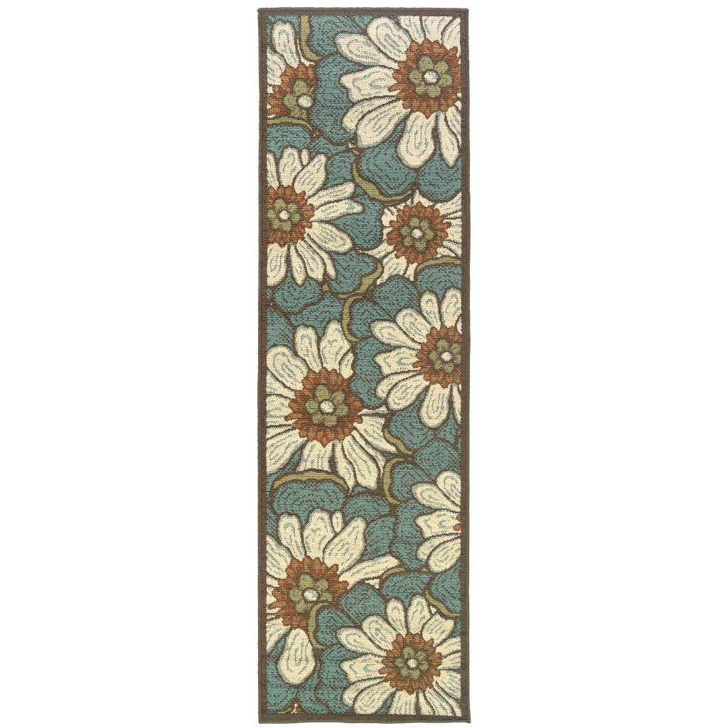 Oriental Weavers Montego 3444M Blue/Brown Rectangle Indoor / Outdoor Runner - Stylish Stain Resistant Machine Made Entryway &amp; Hallway Runner with Floral Pattern