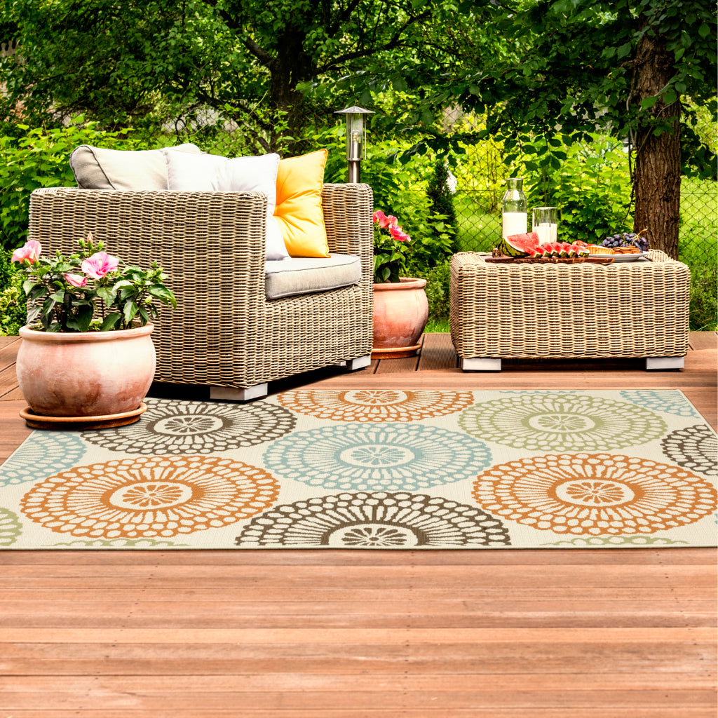 Oriental Weavers Montego 697J6 Beige/Blue Rectangle Indoor / Outdoor Area Rug - Stylish Stain Resistant Machine Made Patio Rug with Floral Pattern