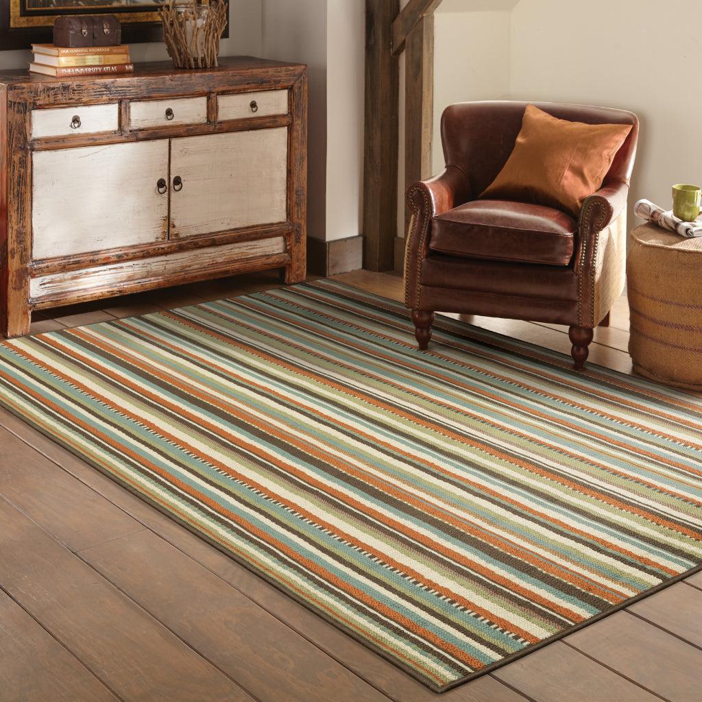 Oriental Weavers Montego 6996C Green/Blue Rectangle Indoor / Outdoor Area Rug - Stylish Stain Resistant Machine Made Patio Rug with Striped Pattern