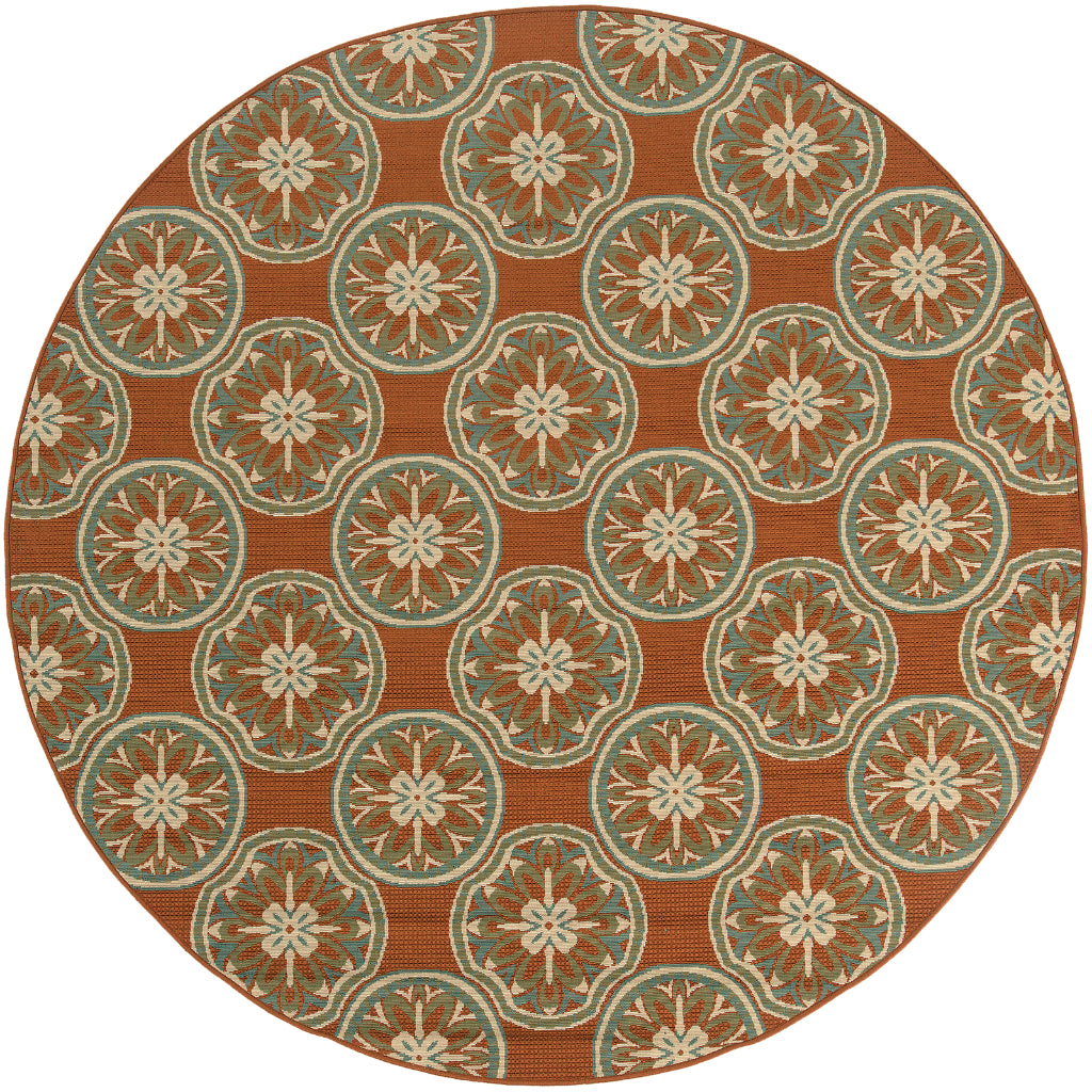 Oriental Weavers Montego 8323D Orange/Ivory Round Indoor / Outdoor Area Rug - Stylish Stain Resistant Machine Made Rug for Dining &amp; Living Spaces