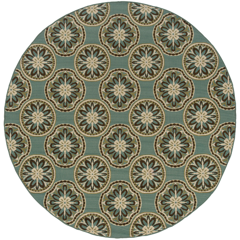 Oriental Weavers Montego 8323L Blue/Ivory Round Indoor / Outdoor Area Rug - Stylish Stain Resistant Machine Made Rug for Dining &amp; Living Spaces