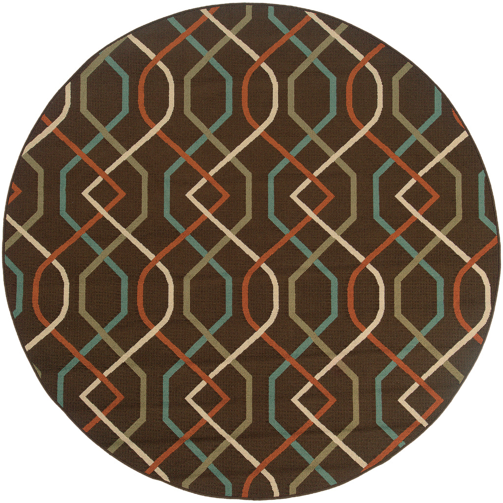 Oriental Weavers Montego 896N6 Brown/Ivory Round Indoor / Outdoor Area Rug - Stylish Stain Resistant Machine Made Rug for Dining &amp; Living Spaces