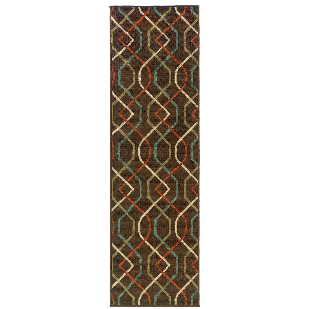 Oriental Weavers Montego 896N6 Brown/Ivory Rectangle Indoor / Outdoor Runner - Stylish Stain Resistant Machine Made Entryway &amp; Hallway Runner with Geometric Pattern