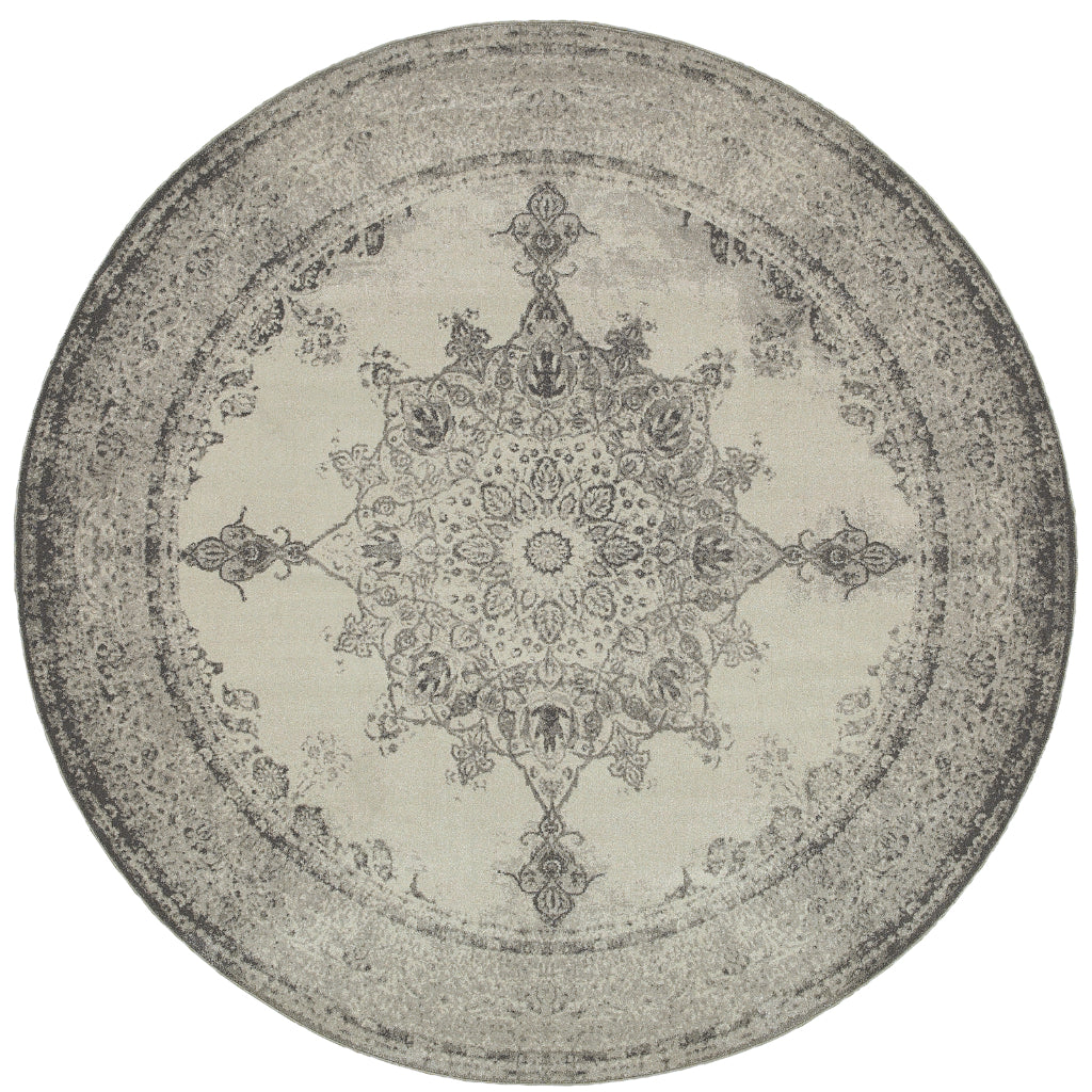 Oriental Weavers Richmond 1333Y Gray Round Indoor Area Rug - Durable &amp; Stain Resistant Low Pile Dining Room Rug with Medallion Design