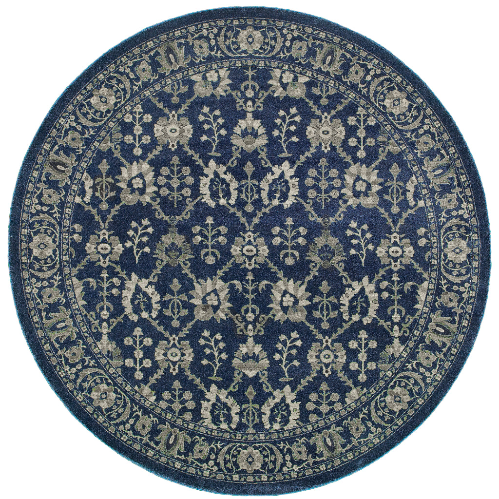 Oriental Weavers Richmond 8020K Navy Round Indoor Area Rug - Durable &amp; Stain Resistant Low Pile Dining Room Rug with Oriental Design