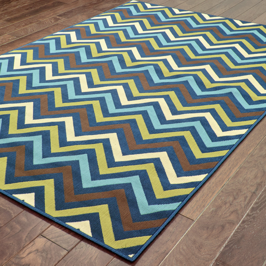 Oriental Weavers Riviera 4593S Blue/Green Rectangle Indoor / Outdoor Area Rug - Stain Resistant Machine Made Patio Rug with Chevron Pattern