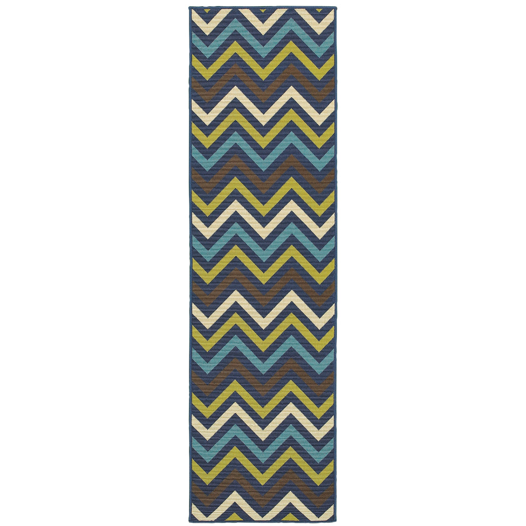 Oriental Weavers Riviera 4593S Blue/Green Rectangle Indoor / Outdoor Runner - Stain Resistant Machine Made Entryway &amp; Hallway Runner with Chevron Pattern