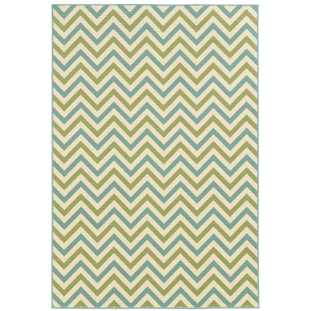 Oriental Weavers Riviera 4593U Green/Blue Rectangle Indoor / Outdoor Area Rug - Stain Resistant Machine Made Patio Rug with Chevron Pattern