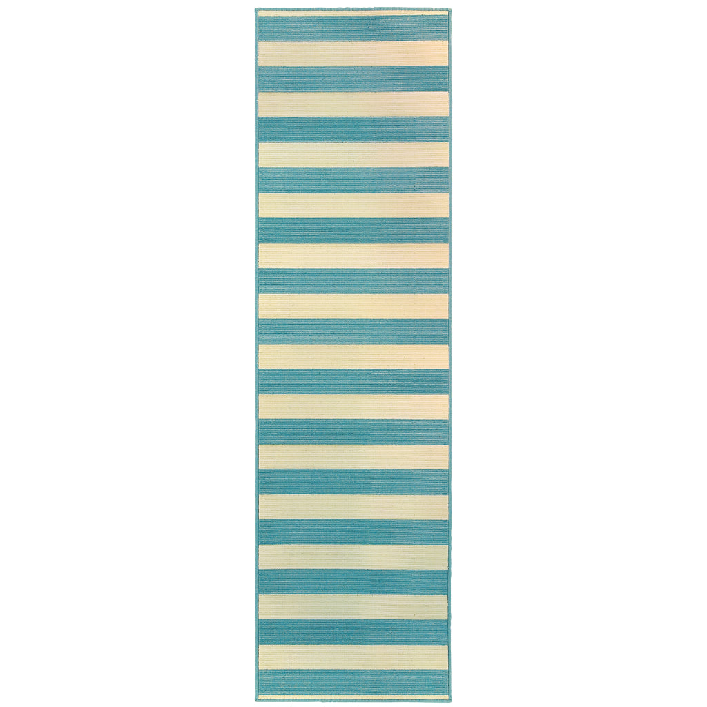 Oriental Weavers Riviera 4768G Blue/Ivory Rectangle Indoor / Outdoor Runner - Stain Resistant Machine Made Entryway &amp; Hallway Runner with Striped Pattern