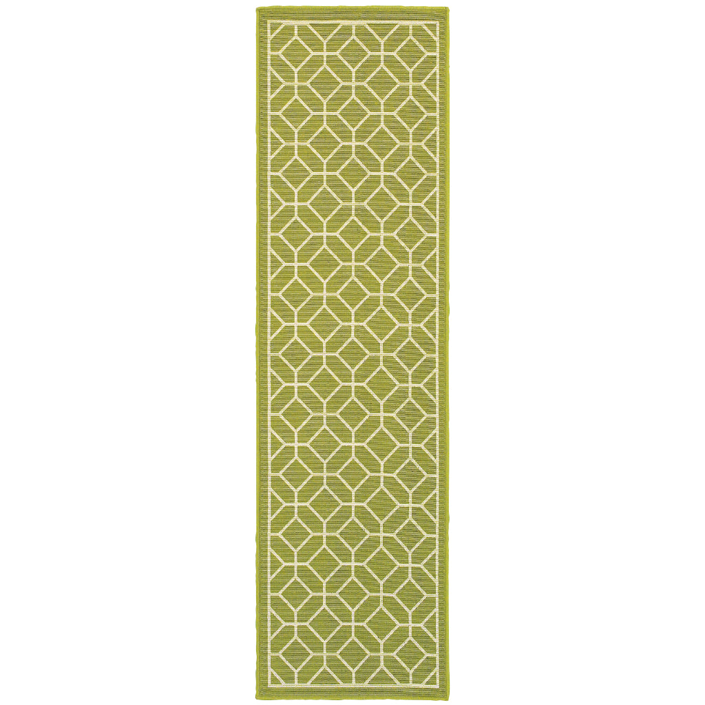 Oriental Weavers Riviera 4771B Pea Green/Ivory Rectangle Indoor / Outdoor Runner - Stain Resistant Machine Made Entryway &amp; Hallway Runner with Geometric Pattern