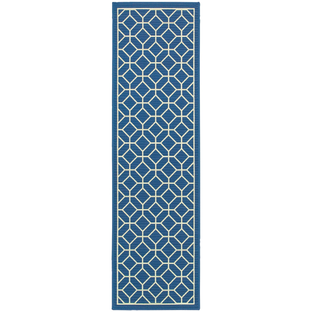 Oriental Weavers Riviera 4771G Blue/Ivory Rectangle Indoor / Outdoor Runner - Stain Resistant Machine Made Entryway &amp; Hallway Runner with Geometric Pattern