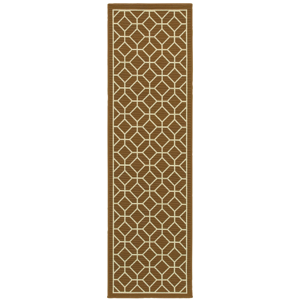 Oriental Weavers Riviera 4771L Brown/Ivory Rectangle Indoor / Outdoor Runner - Stain Resistant Machine Made Entryway &amp; Hallway Runner with Geometric Pattern