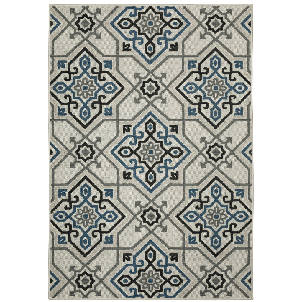 Oriental Weavers Torrey 004Y1 Light Grey/Blue Rectangle Indoor / Outdoor Area Rug - Stain Resistant Machine Made Patio Rug with Medallion Pattern