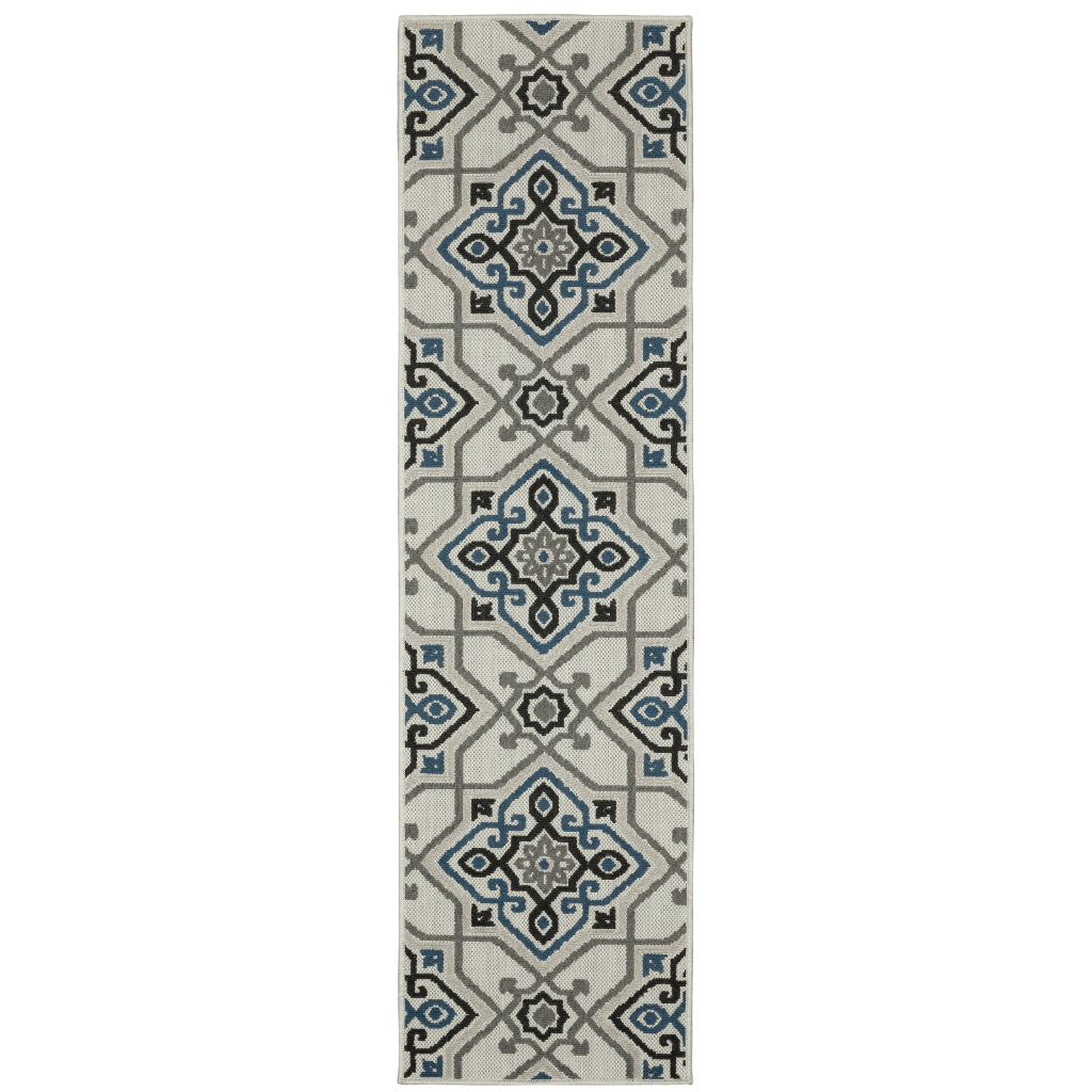 Oriental Weavers Torrey 004Y1 Light Grey/Blue Rectangle Indoor / Outdoor Runner - Stain Resistant Machine Made Entryway & Hallway Runner with Medallion Pattern-
