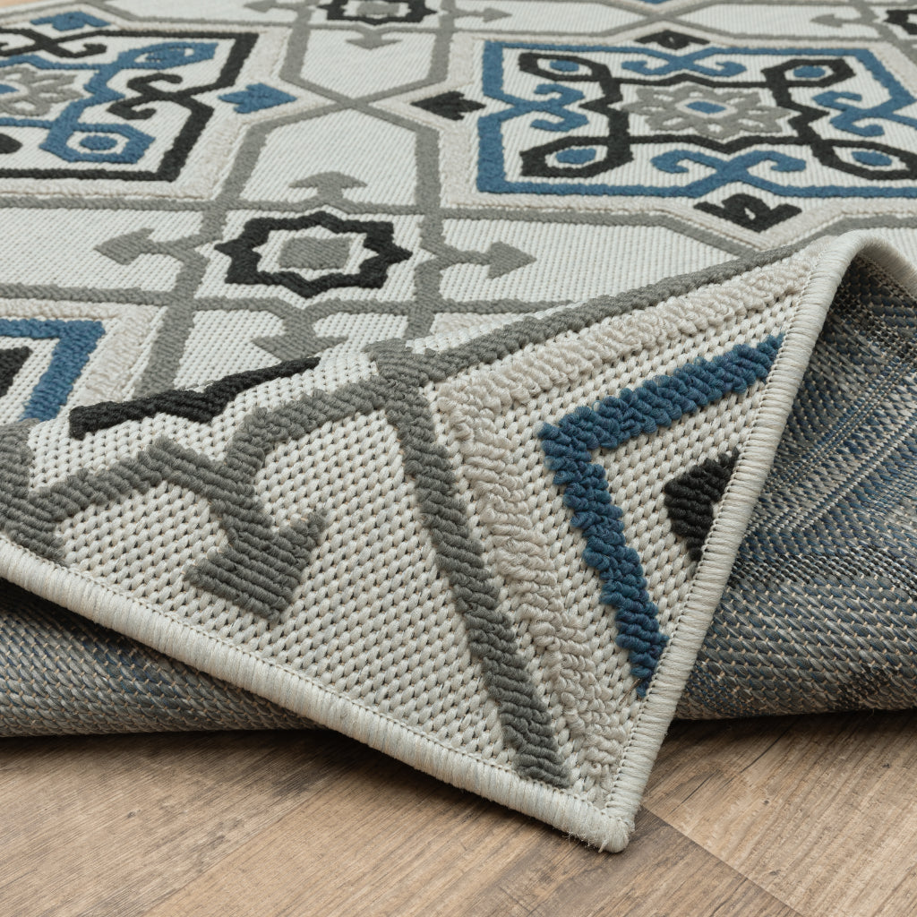 Oriental Weavers Torrey 004Y1 Light Grey/Blue Rectangle Indoor / Outdoor Area Rug - Stain Resistant Machine Made Patio Rug with Medallion Pattern