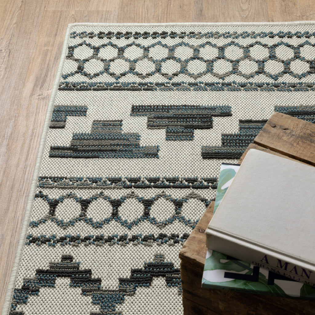 Oriental Weavers Torrey 005Y1 Light Grey/Blue Rectangle Indoor / Outdoor Runner - Stain Resistant Machine Made Entryway &amp; Hallway Runner with Geometric Pattern