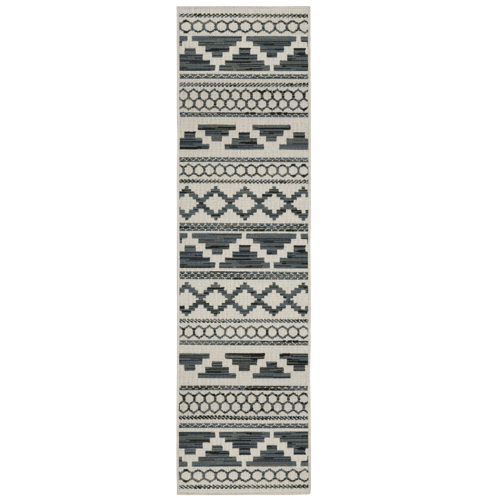 Oriental Weavers Torrey 005Y1 Light Grey/Blue Rectangle Indoor / Outdoor Runner - Stain Resistant Machine Made Entryway &amp; Hallway Runner with Geometric Pattern