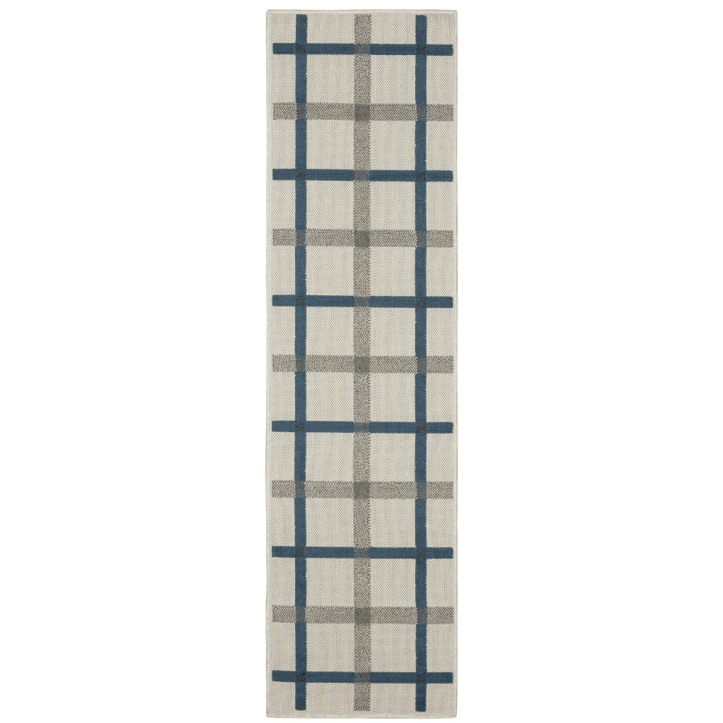 Oriental Weavers Torrey 7150H Light Grey/Blue Rectangle Indoor / Outdoor Runner - Stain Resistant Machine Made Entryway & Hallway Runner with Geometric Pattern-