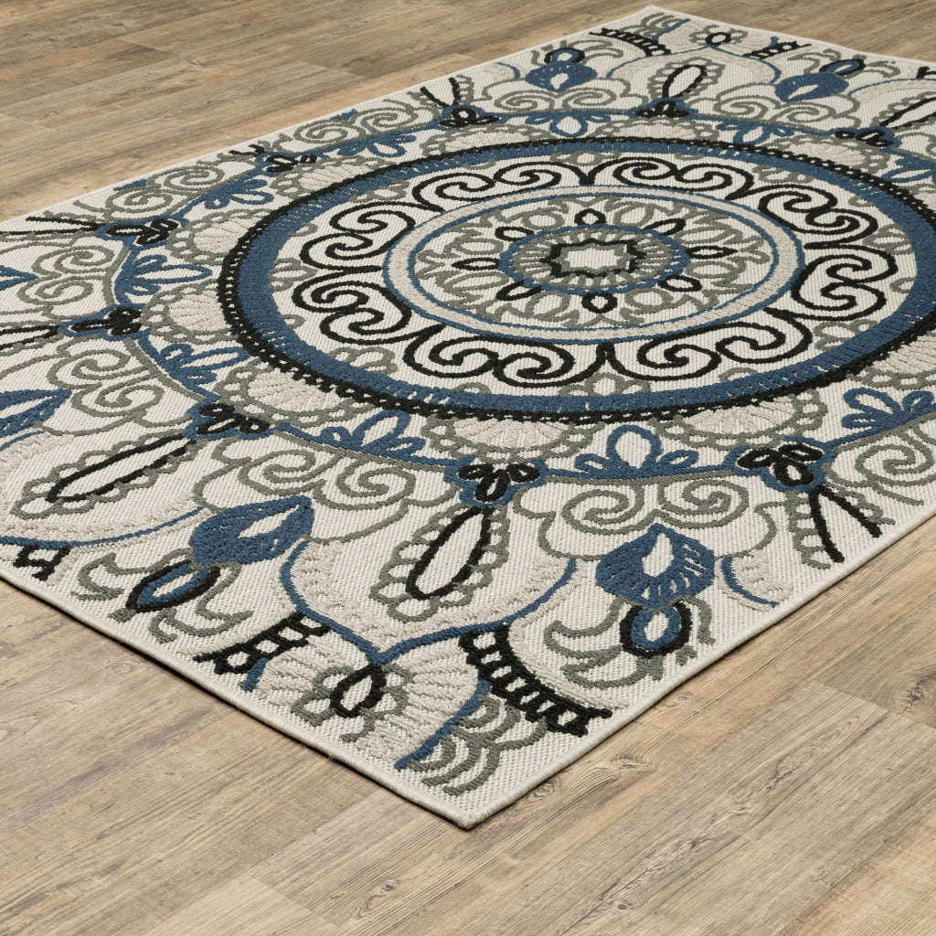 Oriental Weavers Torrey 072J1 Light Grey/Blue Rectangle Indoor / Outdoor Area Rug - Stain Resistant Machine Made Patio Rug with Medallion Pattern