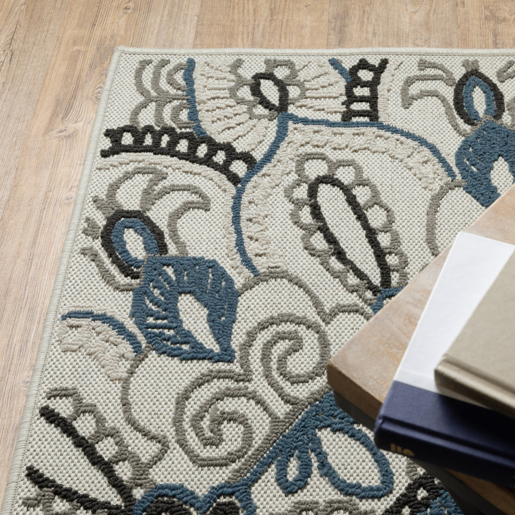 Oriental Weavers Torrey 072J1 Light Grey/Blue Rectangle Indoor / Outdoor Runner - Stain Resistant Machine Made Entryway &amp; Hallway Runner with Medallion Pattern
