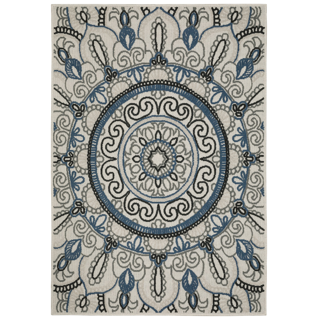 Oriental Weavers Torrey 072J1 Light Grey/Blue Rectangle Indoor / Outdoor Area Rug - Stain Resistant Machine Made Patio Rug with Medallion Pattern