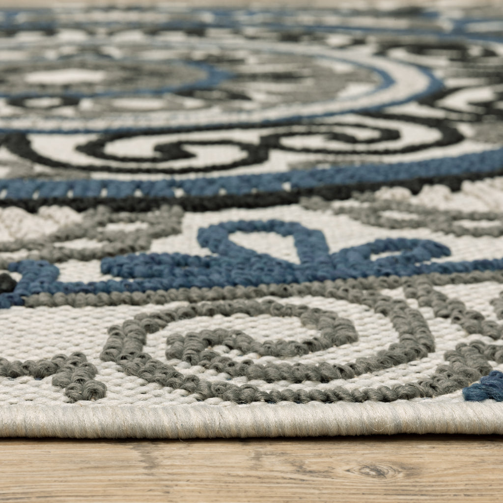 Oriental Weavers Torrey 072J1 Light Grey/Blue Rectangle Indoor / Outdoor Runner - Stain Resistant Machine Made Entryway &amp; Hallway Runner with Medallion Pattern