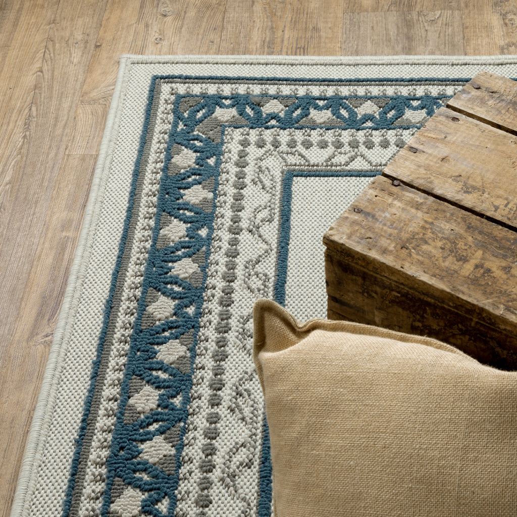 Oriental Weavers Torrey 8020W Light Grey/Blue Rectangle Indoor / Outdoor Runner - Stain Resistant Machine Made Entryway & Hallway Runner with Border Pattern-