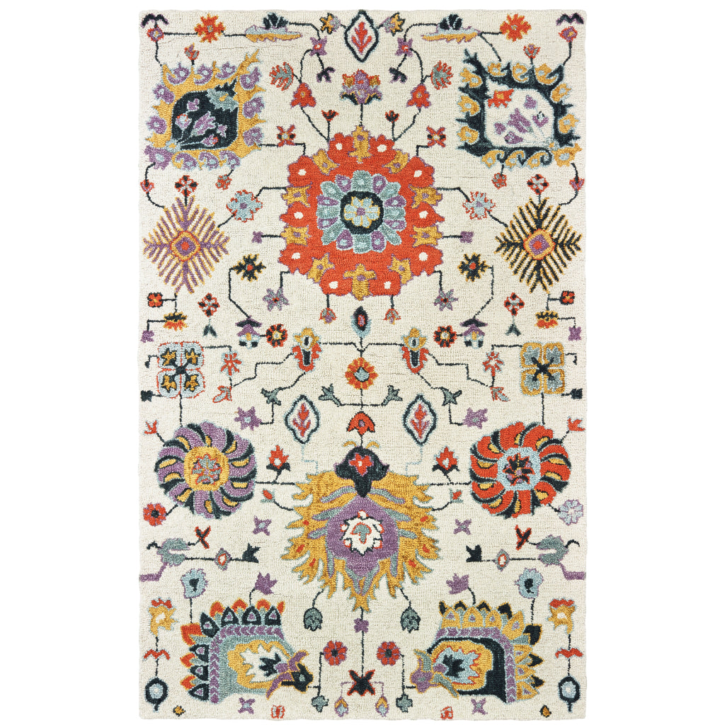 Oriental Weavers Zahra 75502 Ivory/Orange Rectangle Indoor Area Rug - Bohemian Style Hand Tufted Living Room Rug Made of 100% Wool-