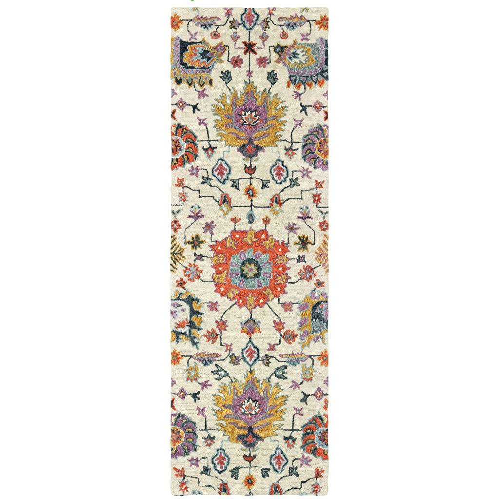 Oriental Weavers Zahra 75502 Ivory/Orange Rectangle Indoor Runner - Bohemian Style Hand Tufted Entryway &amp; Hallway Runner Made of 100% Wool