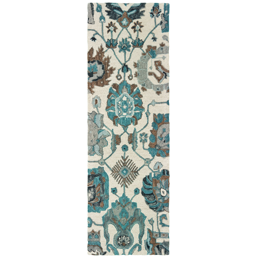 Oriental Weavers Zahra 75503 Ivory/Blue Rectangle Indoor Runner - Bohemian Style Hand Tufted Entryway &amp; Hallway Runner Made of 100% Wool