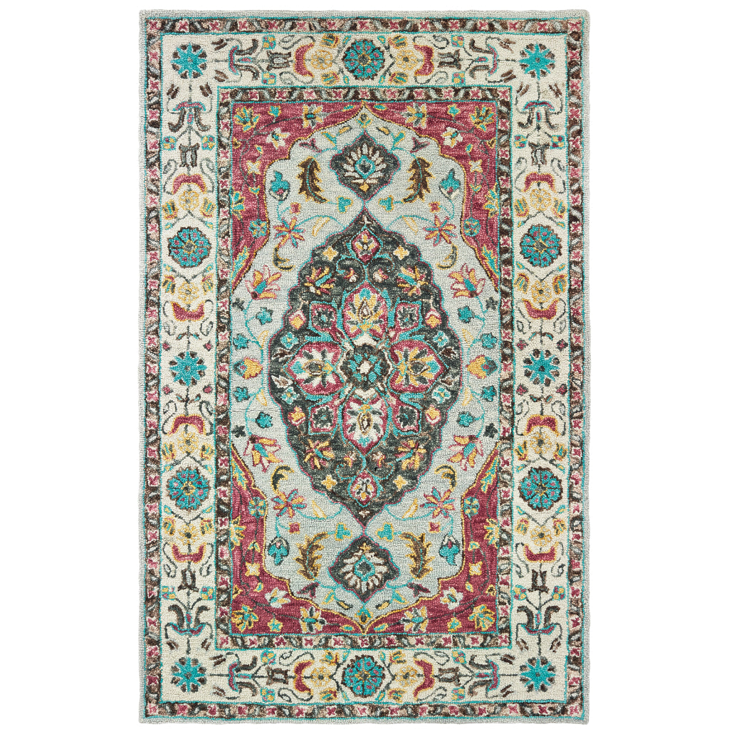 Oriental Weavers Zahra 75504 Grey/Pink Rectangle Indoor Area Rug - Bohemian Style Hand Tufted Living Room Rug Made of 100% Wool-