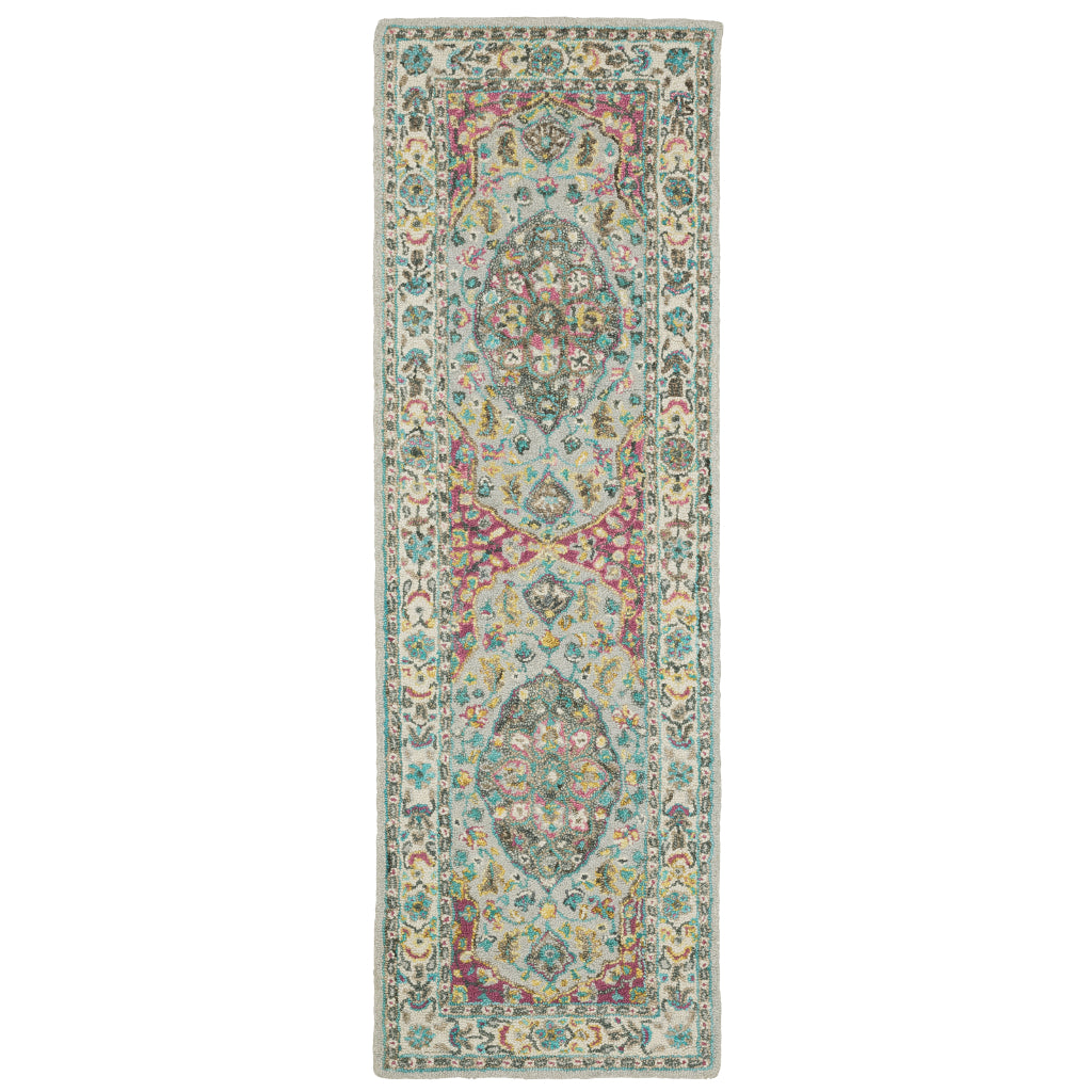 Oriental Weavers Zahra 75504 Grey/Pink Rectangle Indoor Runner - Bohemian Style Hand Tufted Entryway &amp; Hallway Runner Made of 100% Wool