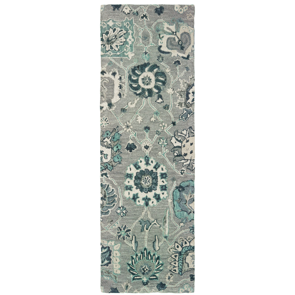 Oriental Weavers Zahra 75508 Grey/Blue Rectangle Indoor Runner - Bohemian Style Hand Tufted Entryway &amp; Hallway Runner Made of 100% Wool