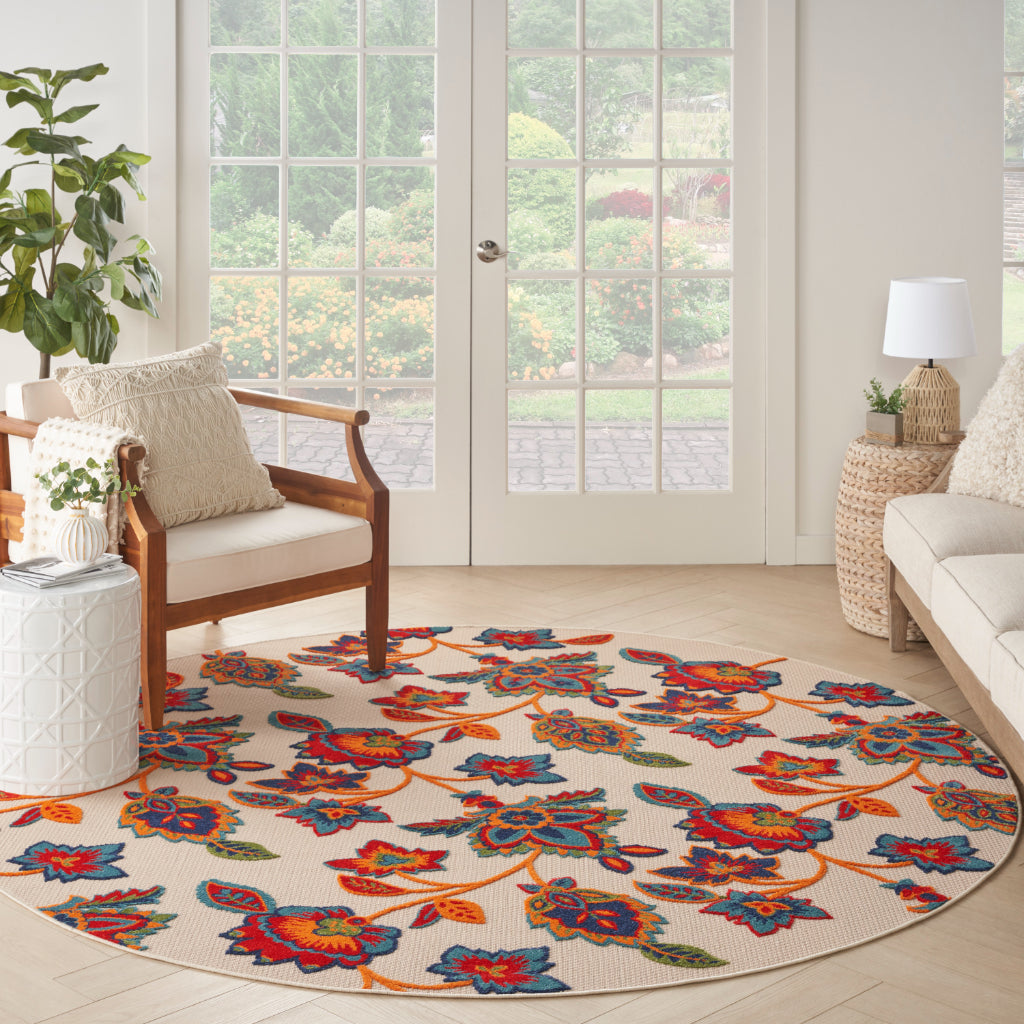 Nourison Home Aloha ALH31 Machine Made Multicolor Round Area Rug - Stain Resistant Indoor & Outdoor Low Pile Rug with Colorful Floral Design-