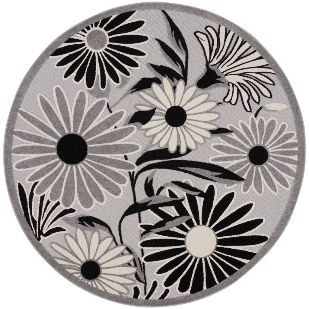 Nourison Home Aloha ALH33 Machine Made Two-Color Round Area Rug - Stain Resistant Indoor &amp; Outdoor Low Pile Rug with Black-White Floral Design