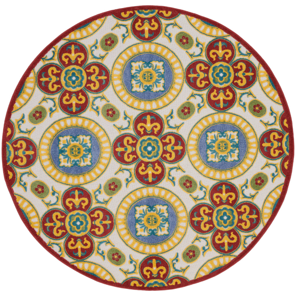 Nourison Home Aloha ALH30 Machine Made Multicolor Round Area Rug - Stain Resistant Indoor/Outdoor Rug with Red Palette-