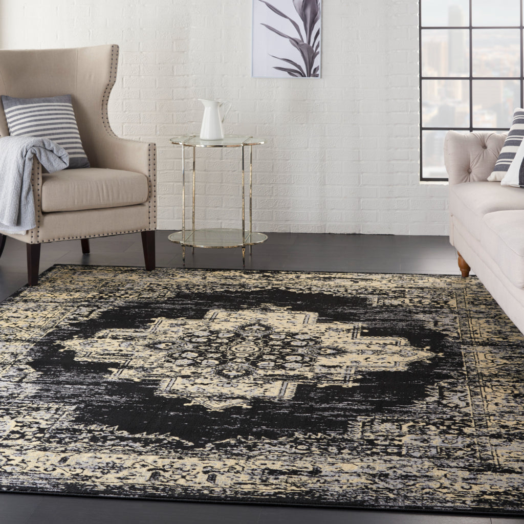 Nourison Home Grafix GRF14 Black Indoor Rectangle Area Rug - Vintage Style Power-Loomed Medium Pile Rug with Shades of Black &amp; Cream