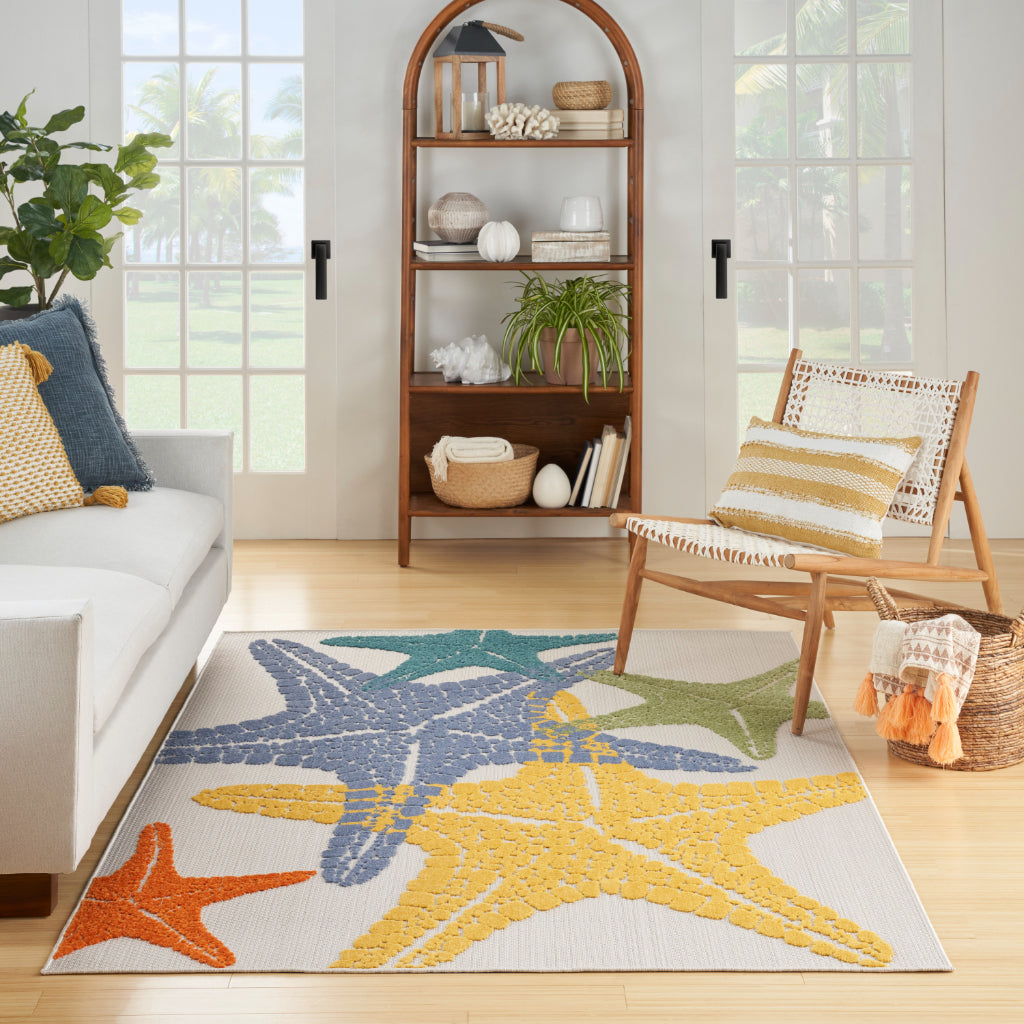 Nourison Home Aloha ALH28 Machine Made Multicolor Rectangle Area Rug - Stain Resistant Indoor/Outdoor Rug with Starfish Design in White Background-