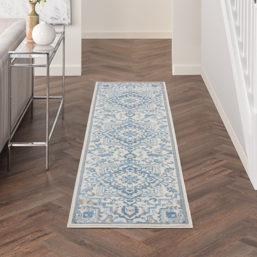 Nourison Home Elation ETN10 Two-Color Indoor Runner - Low Pile Runner with Beige &amp; Blue Hues Floral Design