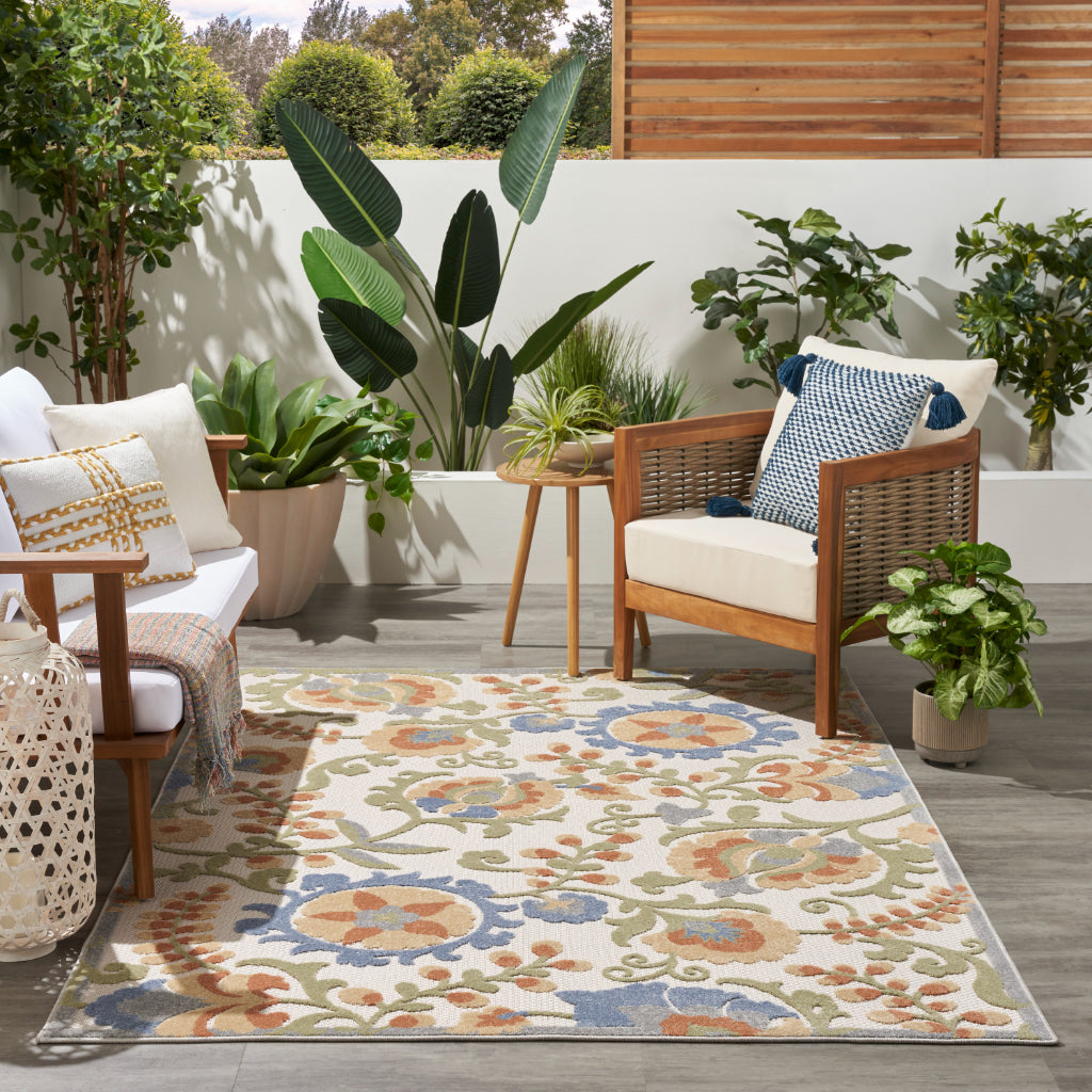 Nourison Home Aloha ALH17 Machine Made Multicolor Rectangle Area Rug - Stain Resistant Indoor &amp; Outdoor Low Pile Floral Rug with Cream Background