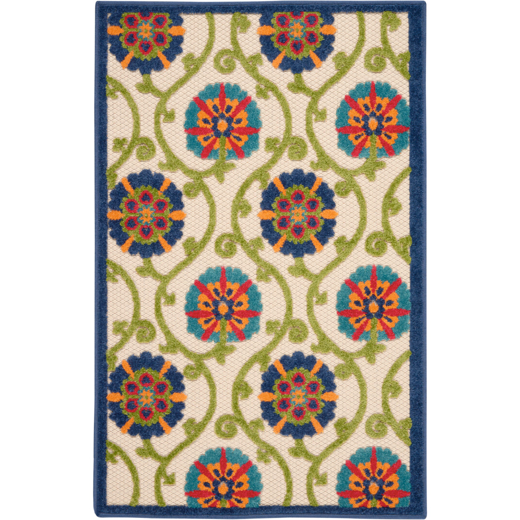 Nourison Home Aloha ALH19 Machine Made Multicolor Rectangle Area Rug - Stain Resistant Indoor & Outdoor Low Pile Floral Rug with Cream Background-