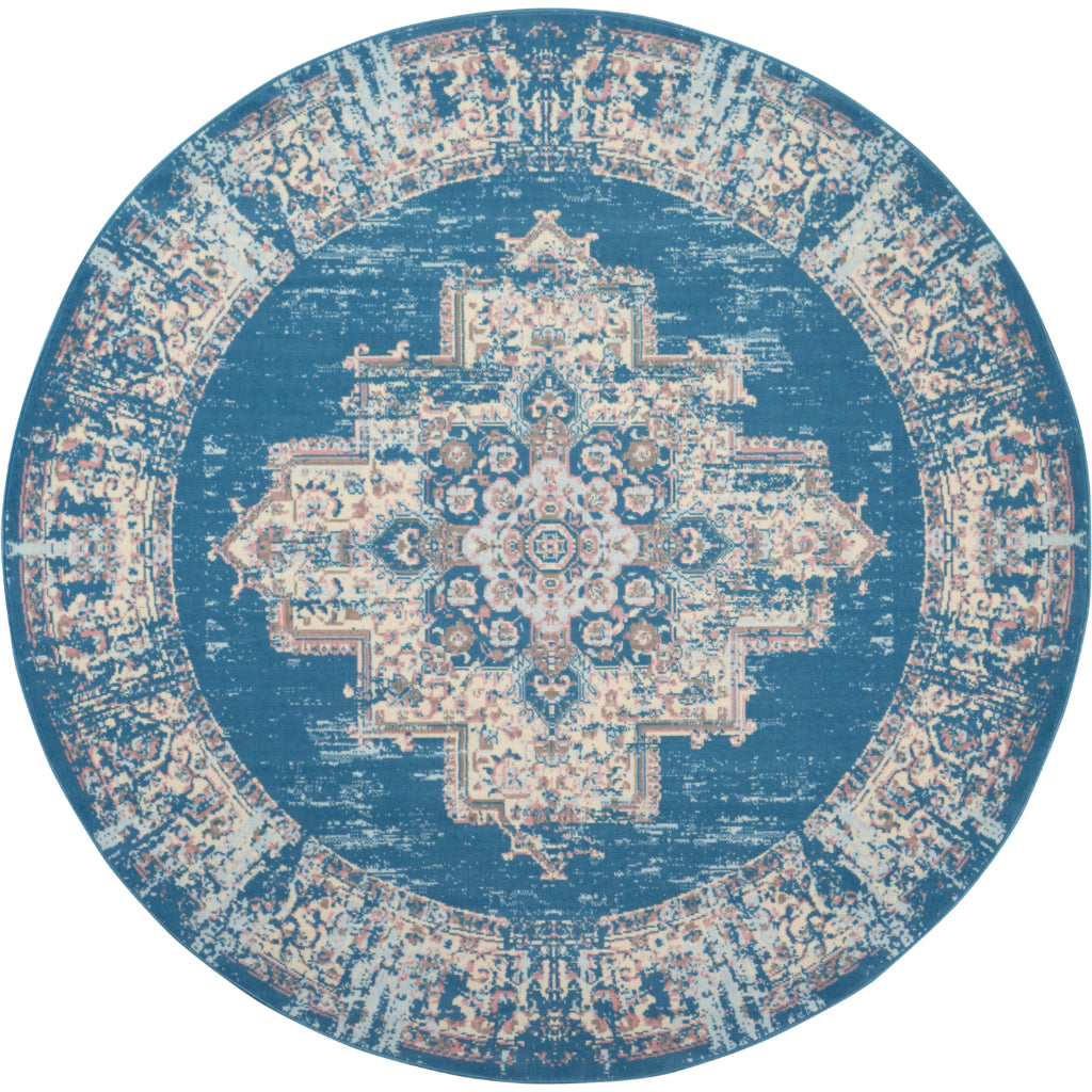 Nourison Home Grafix GRF14 Blue Indoor Round Area Rug - Vintage Style Power-Loomed Medium Pile Rug with Shades of Blue &amp; Ivory