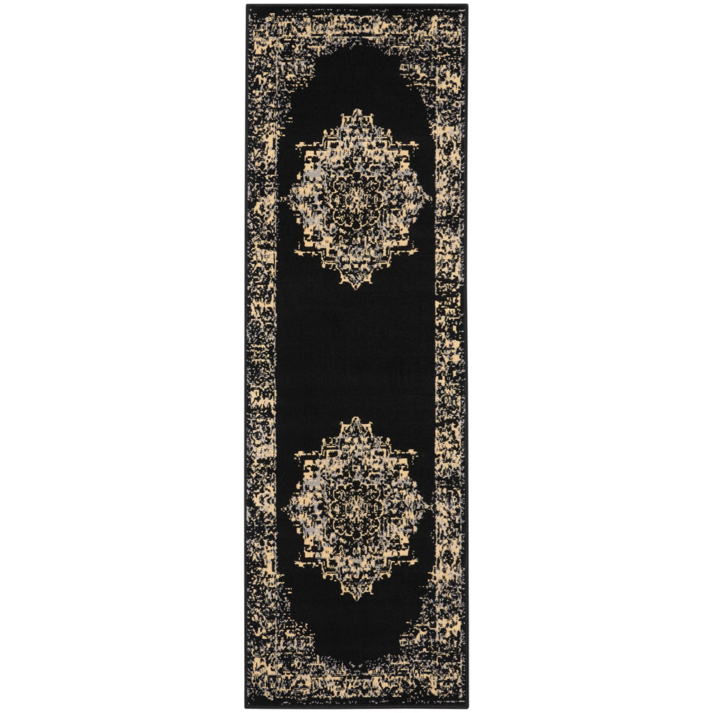 Nourison Home Grafix GRF14 Black Indoor Runner - Vintage Style Power-Loomed Medium Pile Runner with Shades of Black & Cream-