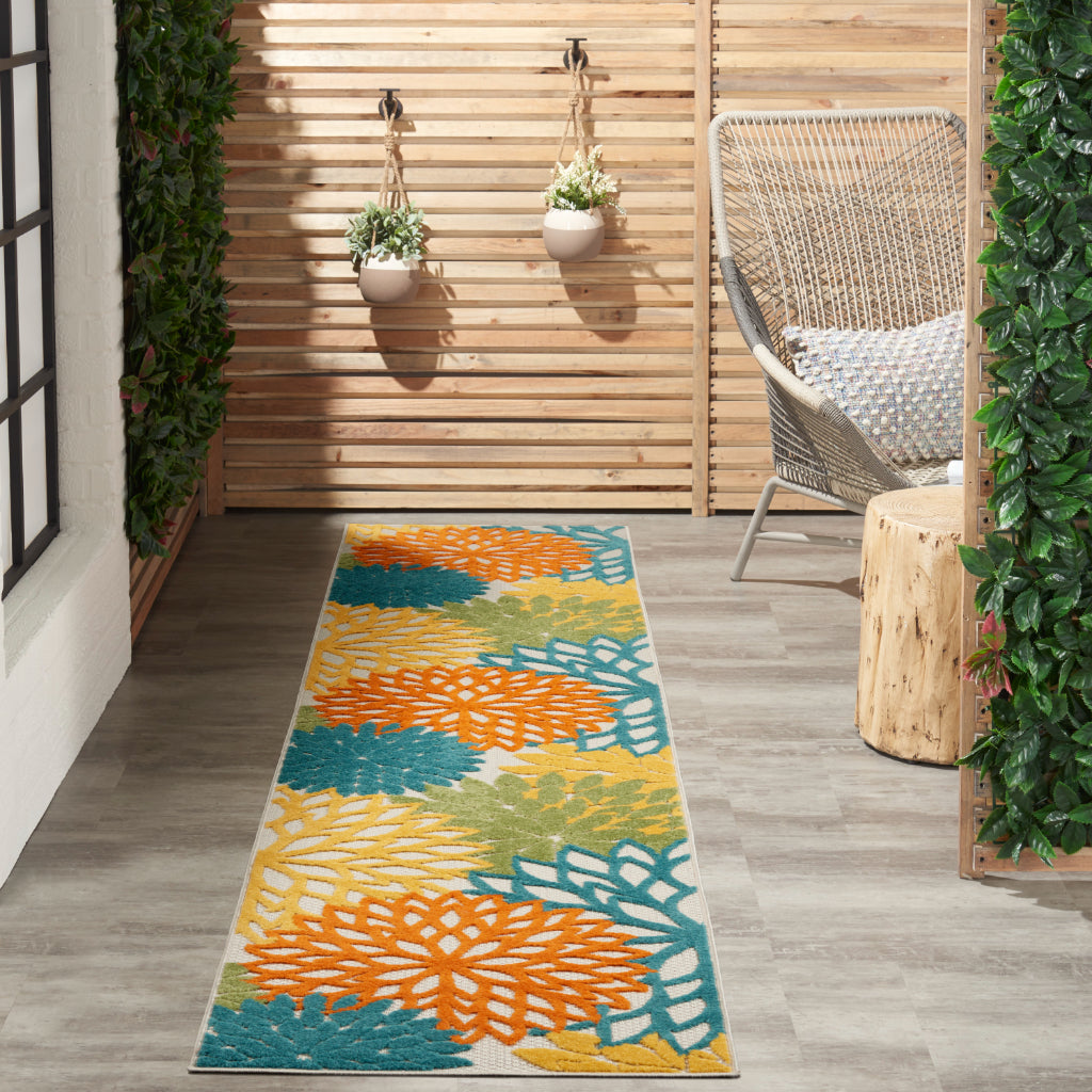 Nourison Home Aloha ALH05 Machine Made Multicolor Runner - Stain Resistant Indoor &amp; Outdoor Low Pile Runner with Turquoise Floral Design